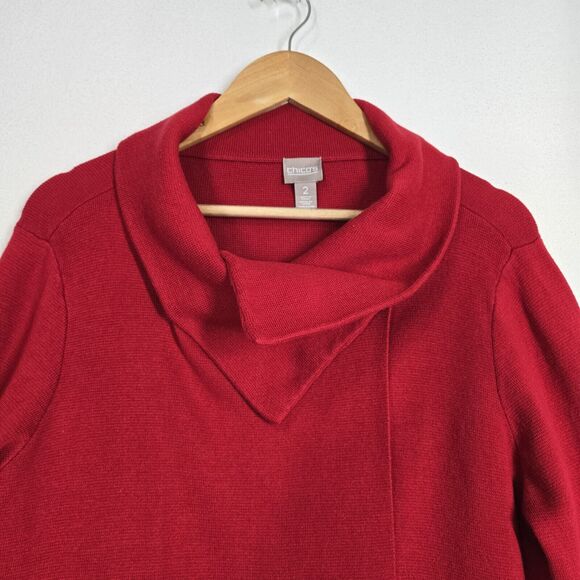 Chico's Convertible Cardigan Sz 2-L Red 100% Cotton Long Sleeve Snap Closure - Picture 2 of 14